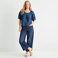 a.n.a Denim Womens Round Neck Short Sleeve Blouse