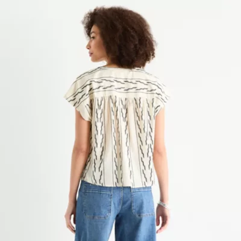 a.n.a Embroidered Womens Split Crew Neck Short Sleeve Blouse