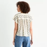a.n.a Embroidered Womens Split Crew Neck Short Sleeve Blouse