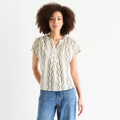 a.n.a Embroidered Womens Split Crew Neck Short Sleeve Blouse