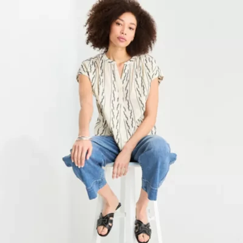 a.n.a Embroidered Womens Split Crew Neck Short Sleeve Blouse
