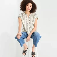 a.n.a Embroidered Womens Split Crew Neck Short Sleeve Blouse
