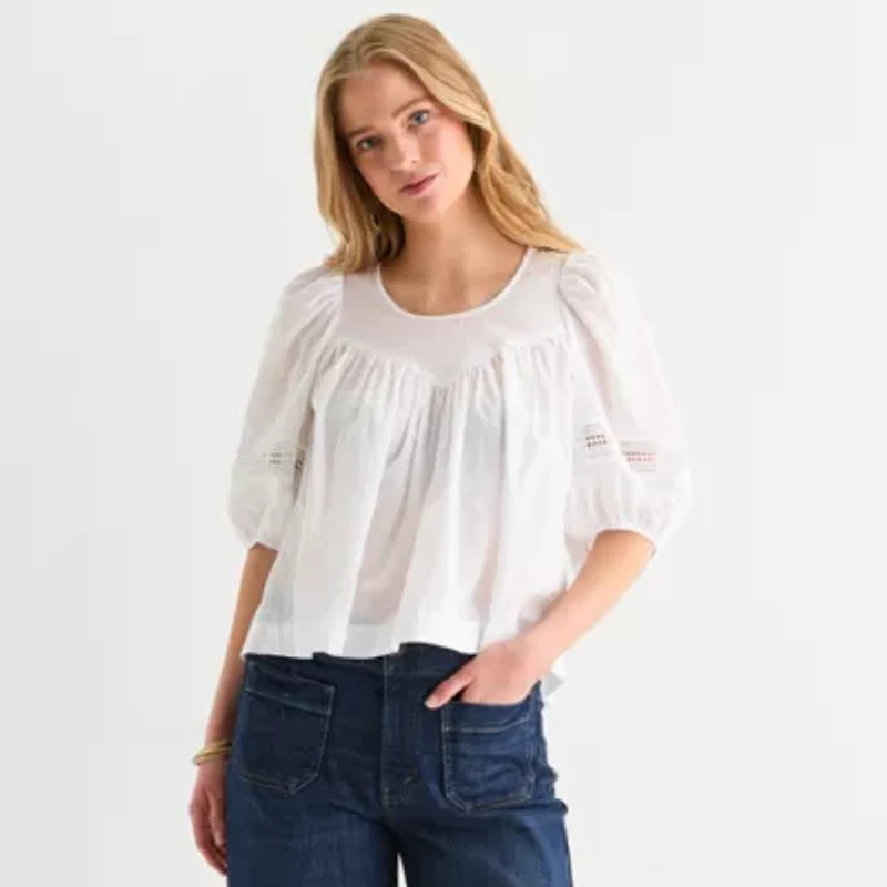 a.n.a Eyelet Womens Round Neck Short Sleeve Blouse