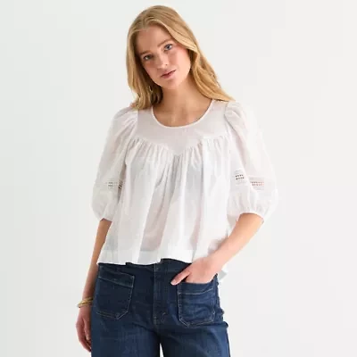 a.n.a Eyelet Womens Round Neck Short Sleeve Blouse