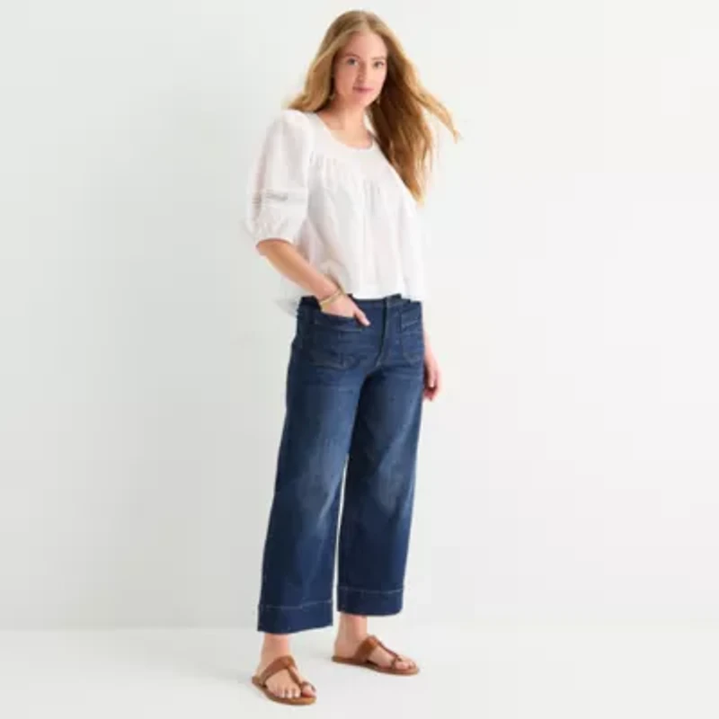 a.n.a Eyelet Womens Round Neck Short Sleeve Blouse