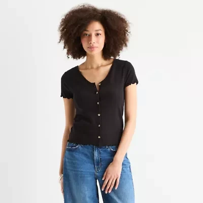 a.n.a Ribbed Womens V Neck Short Sleeve Regular Fit Button-Down Shirt