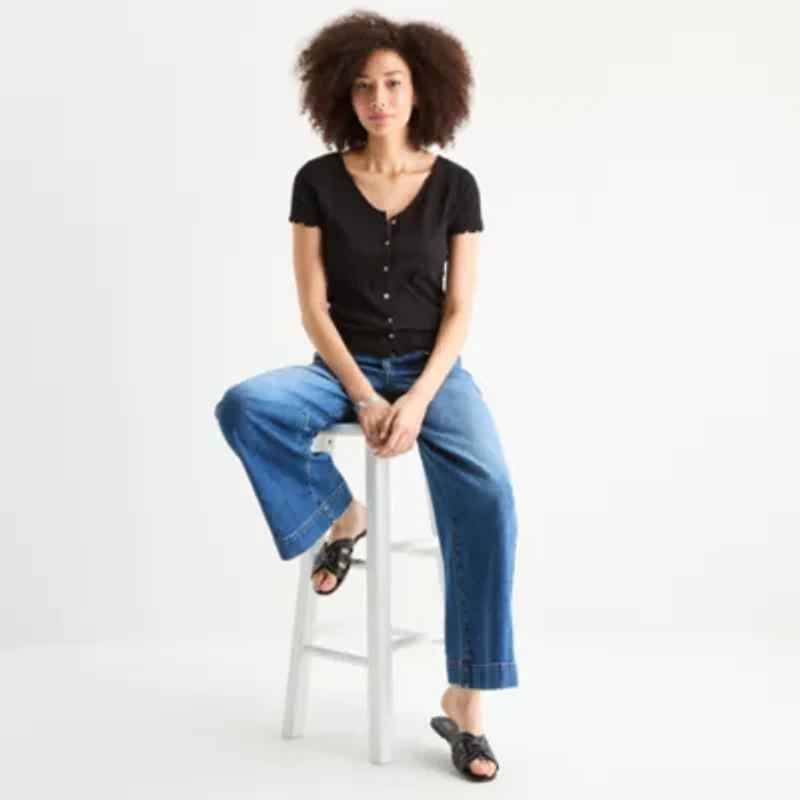 a.n.a Ribbed Womens V Neck Short Sleeve Regular Fit Button-Down Shirt