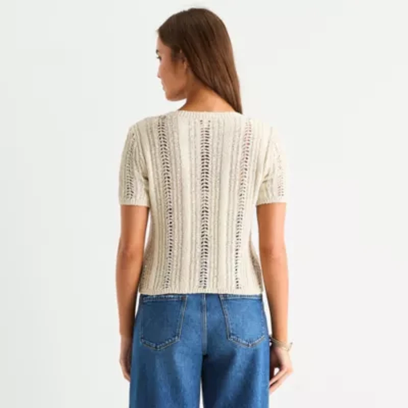 a.n.a Womens Split Crew Neck Short Sleeve Button Cardigan