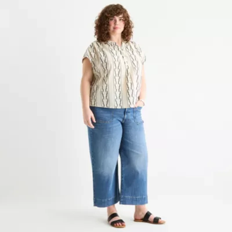 a.n.a Embroidered Womens Short Sleeve Plus Blouse