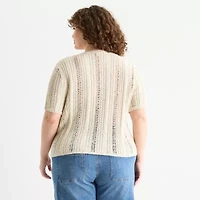 a.n.a Plus Womens Crew Neck Short Sleeve Button Cardigan