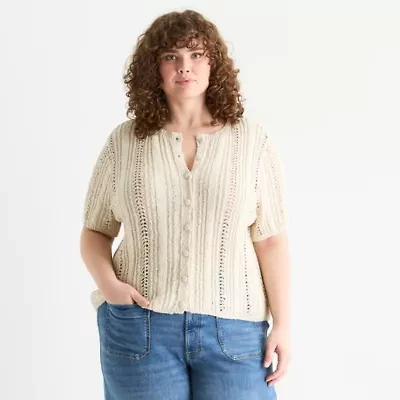 a.n.a Plus Womens Crew Neck Short Sleeve Button Cardigan