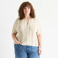 a.n.a Plus Womens Crew Neck Short Sleeve Button Cardigan