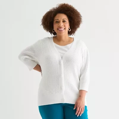 Liz Claiborne Plus Womens V Neck Elbow Sleeve Button Cardigan