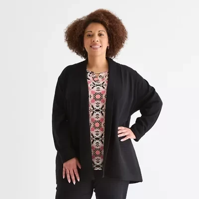 Liz Claiborne Plus Womens Long Sleeve Open Front Cardigan