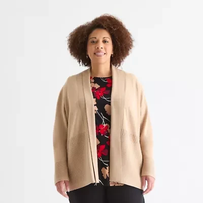 Liz Claiborne Womens Long Sleeve Open Front Plus Cardigan