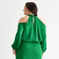 Bold Elements Womens Mock Neck Long Sleeve Satin Plus Blouse