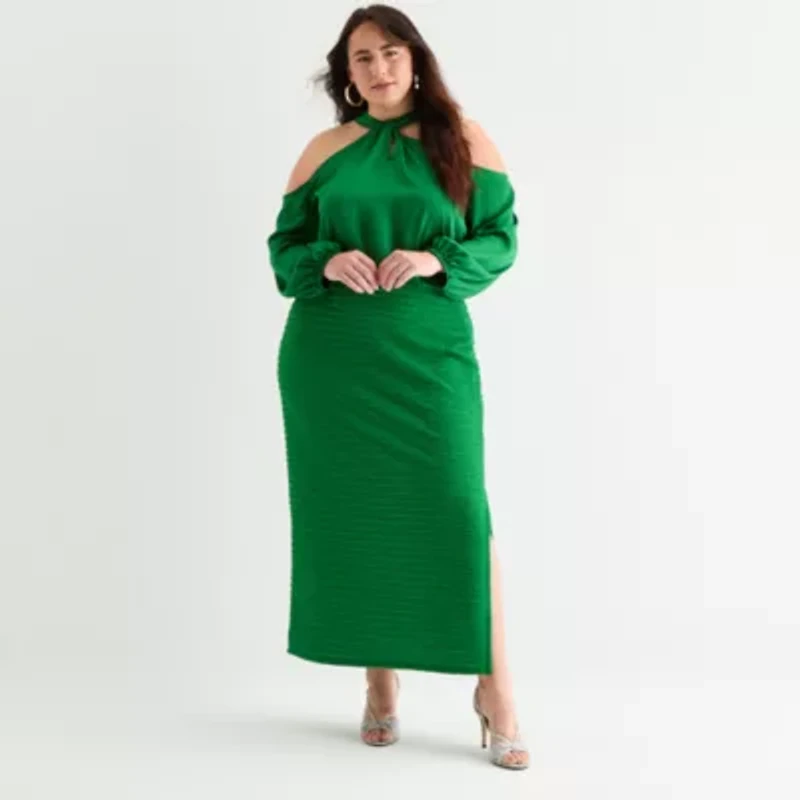 Bold Elements Womens Mock Neck Long Sleeve Satin Plus Blouse