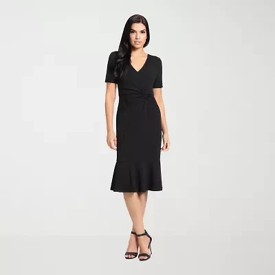 London Times Womens Short Sleeve Midi Fit + Flare Dress