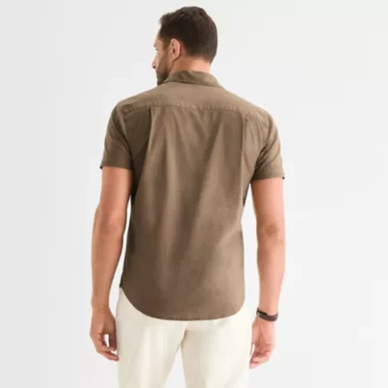 mutual weave Mens Short Sleeve Regular Fit Stretch Fabric Button-Down Shirt