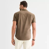 mutual weave Mens Short Sleeve Regular Fit Stretch Fabric Button-Down Shirt