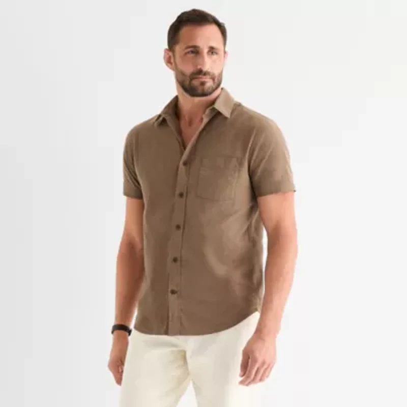 mutual weave Mens Short Sleeve Regular Fit Stretch Fabric Button-Down Shirt