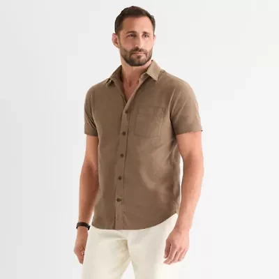 mutual weave Mens Short Sleeve Regular Fit Stretch Fabric Button-Down Shirt