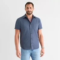 mutual weave Mens Short Sleeve Regular Fit Stretch Fabric Button-Down Shirt