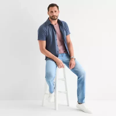 mutual weave Mens Short Sleeve Regular Fit Stretch Fabric Button-Down Shirt