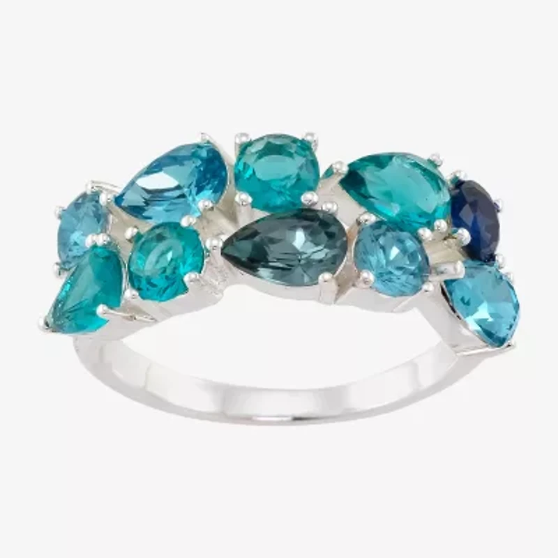 Sparkle Allure Cluster Womens 2MM Blue Crystal Pure Silver Over Brass Cluster Band