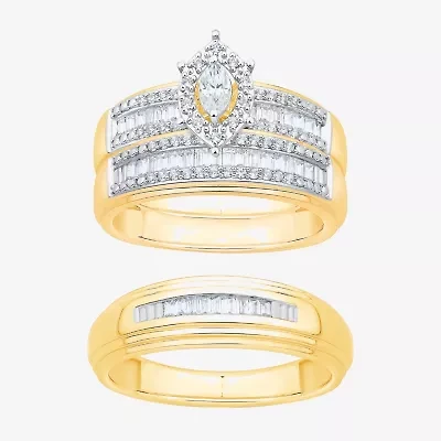 Womens 3/4 CT. T.W. Natural White Diamond 10K Two Tone Gold Marquise Side Stone Halo Bridal Set