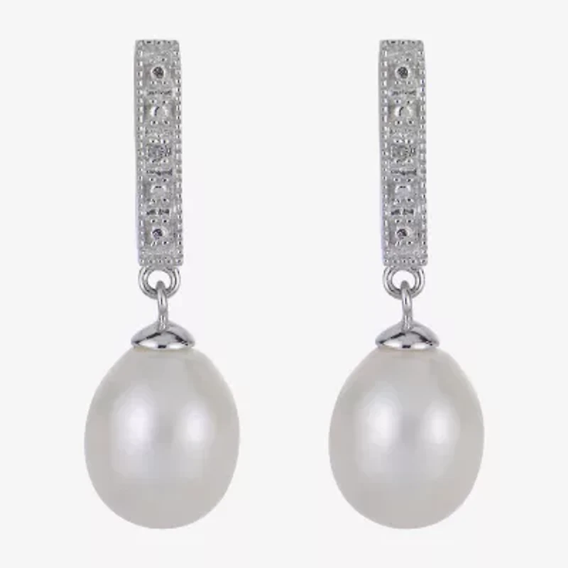 7.5-8Mm Cultured Freshwater Pearl And Diamond Accent Sterling Silver Earrings