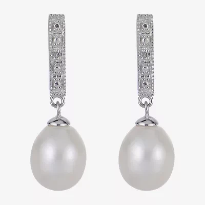 7.5-8Mm Cultured Freshwater Pearl And Diamond Accent Sterling Silver Earrings