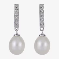 7.5-8Mm Cultured Freshwater Pearl And Diamond Accent Sterling Silver Earrings