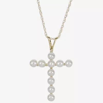 Womens White Cultured Freshwater Pearl 10K Gold Cross 18 Inch Pendant Necklace