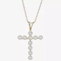 Womens White Cultured Freshwater Pearl 10K Gold Cross 18 Inch Pendant Necklace