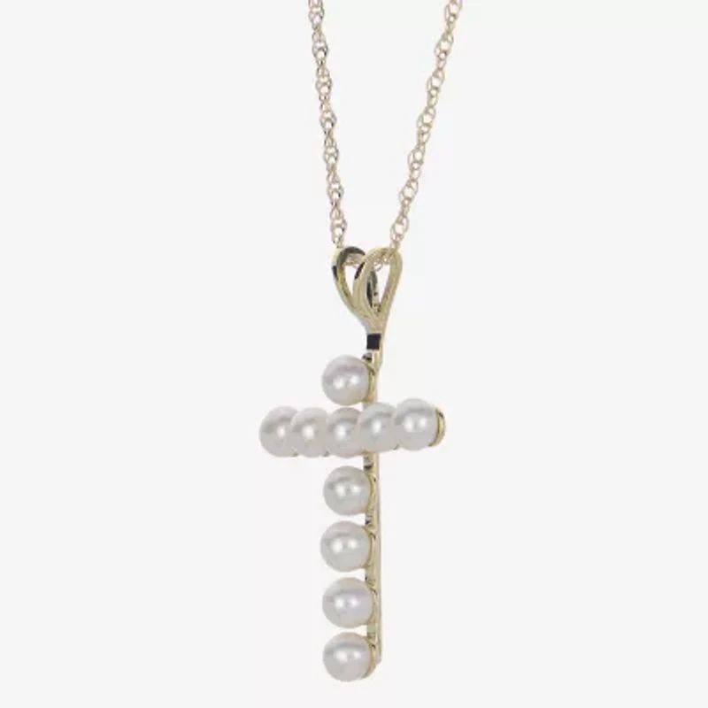 Womens White Cultured Freshwater Pearl 10K Gold Cross 18 Inch Pendant Necklace