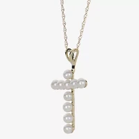 Womens White Cultured Freshwater Pearl 10K Gold Cross 18 Inch Pendant Necklace