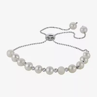 Womens White Cultured Freshwater Pearl Sterling Silver Bolo Bracelet