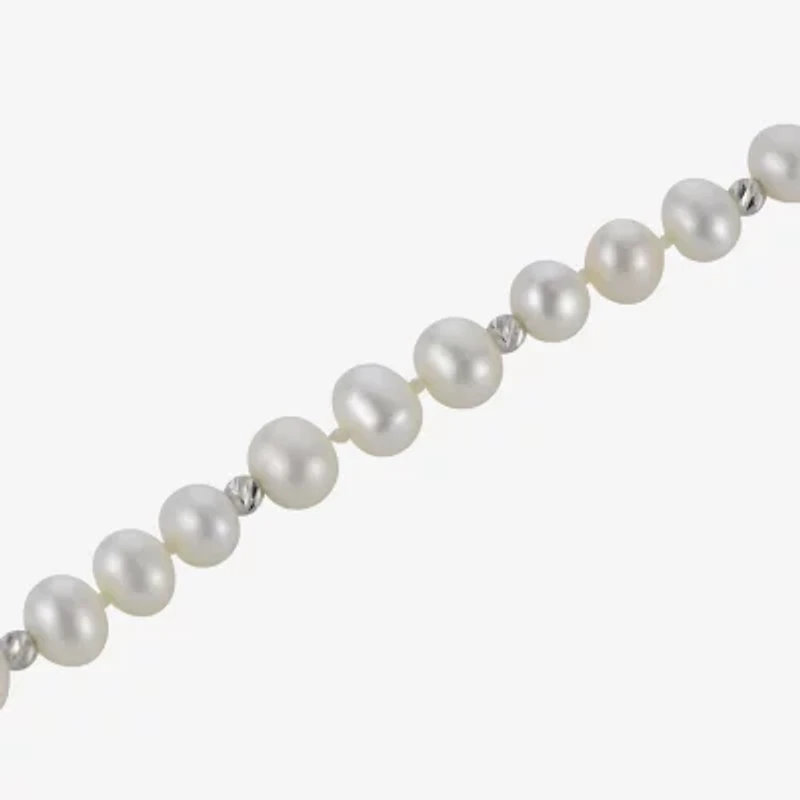 Womens White Cultured Freshwater Pearl Sterling Silver Beaded Bracelet