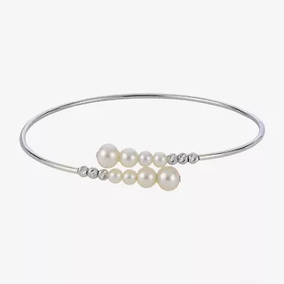 Womens White Cultured Freshwater Pearl Sterling Silver Bangle Bracelet