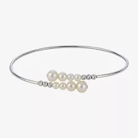 Womens White Cultured Freshwater Pearl Sterling Silver Bangle Bracelet