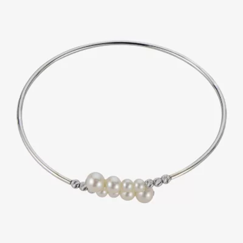 Womens White Cultured Freshwater Pearl Sterling Silver Bangle Bracelet