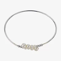 Womens White Cultured Freshwater Pearl Sterling Silver Bangle Bracelet