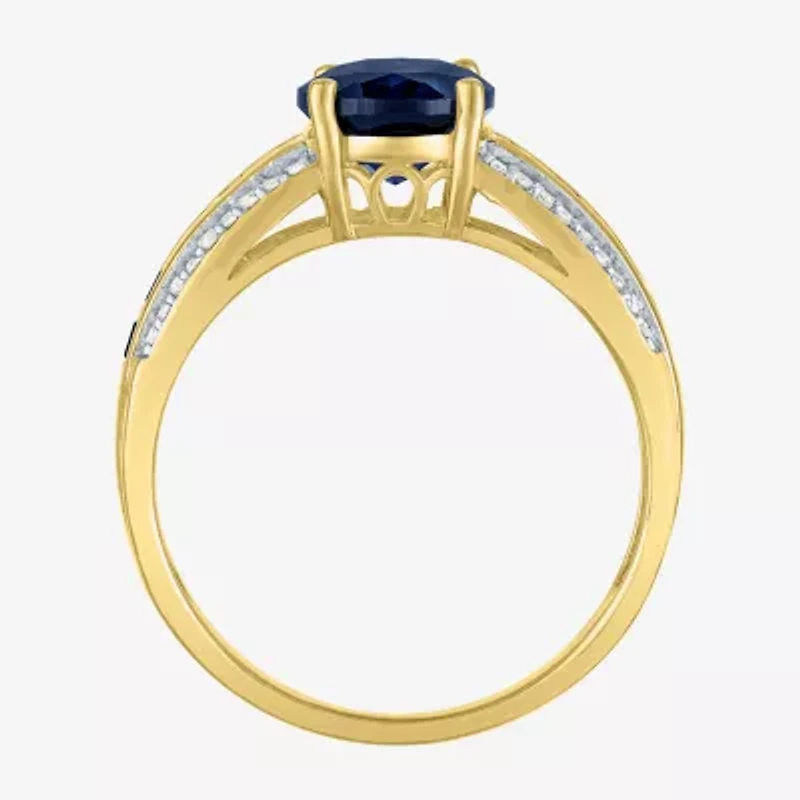 Womens Diamond Accent Gemstone 10K Gold Side Stone Oval Cocktail Ring