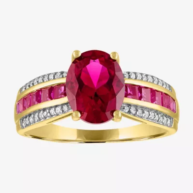 Womens Diamond Accent Gemstone 10K Gold Side Stone Oval Cocktail Ring