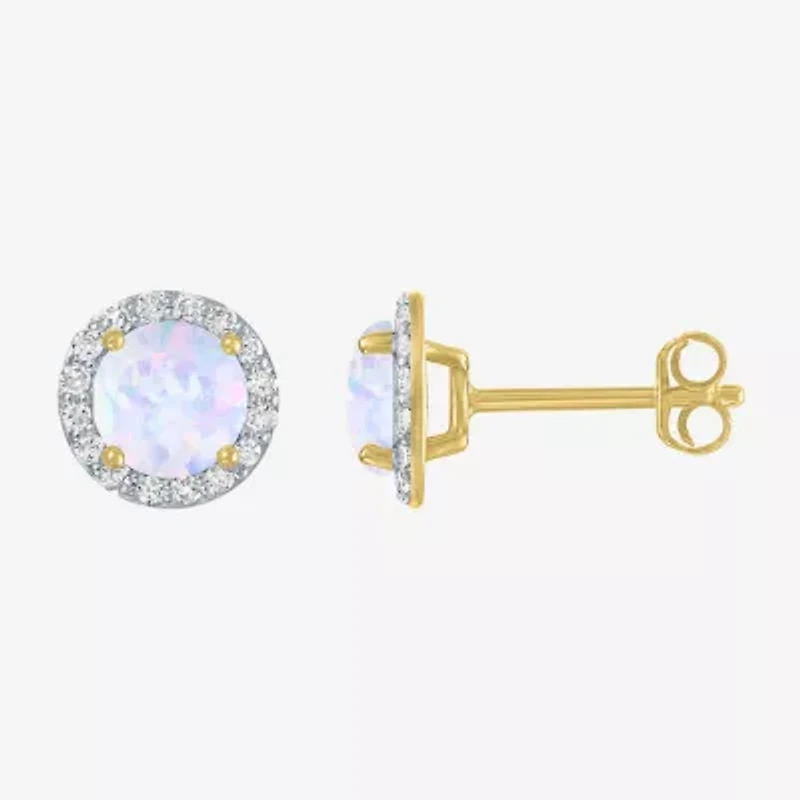 Diamond Accent Lab Created White Opal 10K Gold 9mm Round Stud Earrings