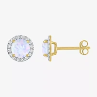 Diamond Accent Lab Created White Opal 10K Gold 9mm Round Stud Earrings