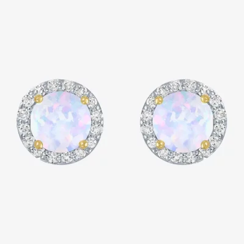 Diamond Accent Lab Created White Opal 10K Gold 9mm Round Stud Earrings