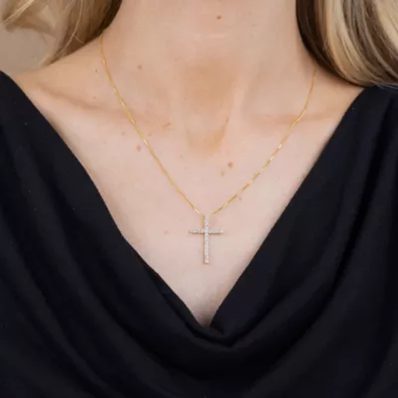 (H-I / I1) Womens 1/2 CT. T.W. Lab Grown White Diamond 10K Gold Cross 18 Inch Pendant Necklace
