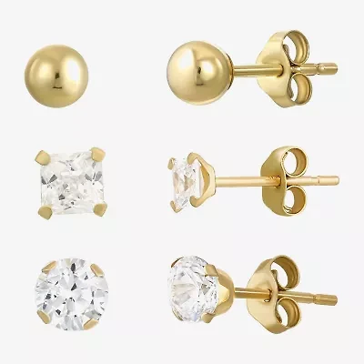 Womens Cubic Zirconia 14K Gold Ball Round 3 Pair Earring Set